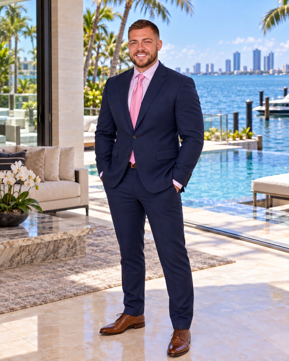 Kyle Laingor, Florida real estate broker, standing in a navy suit on a waterfront terrace