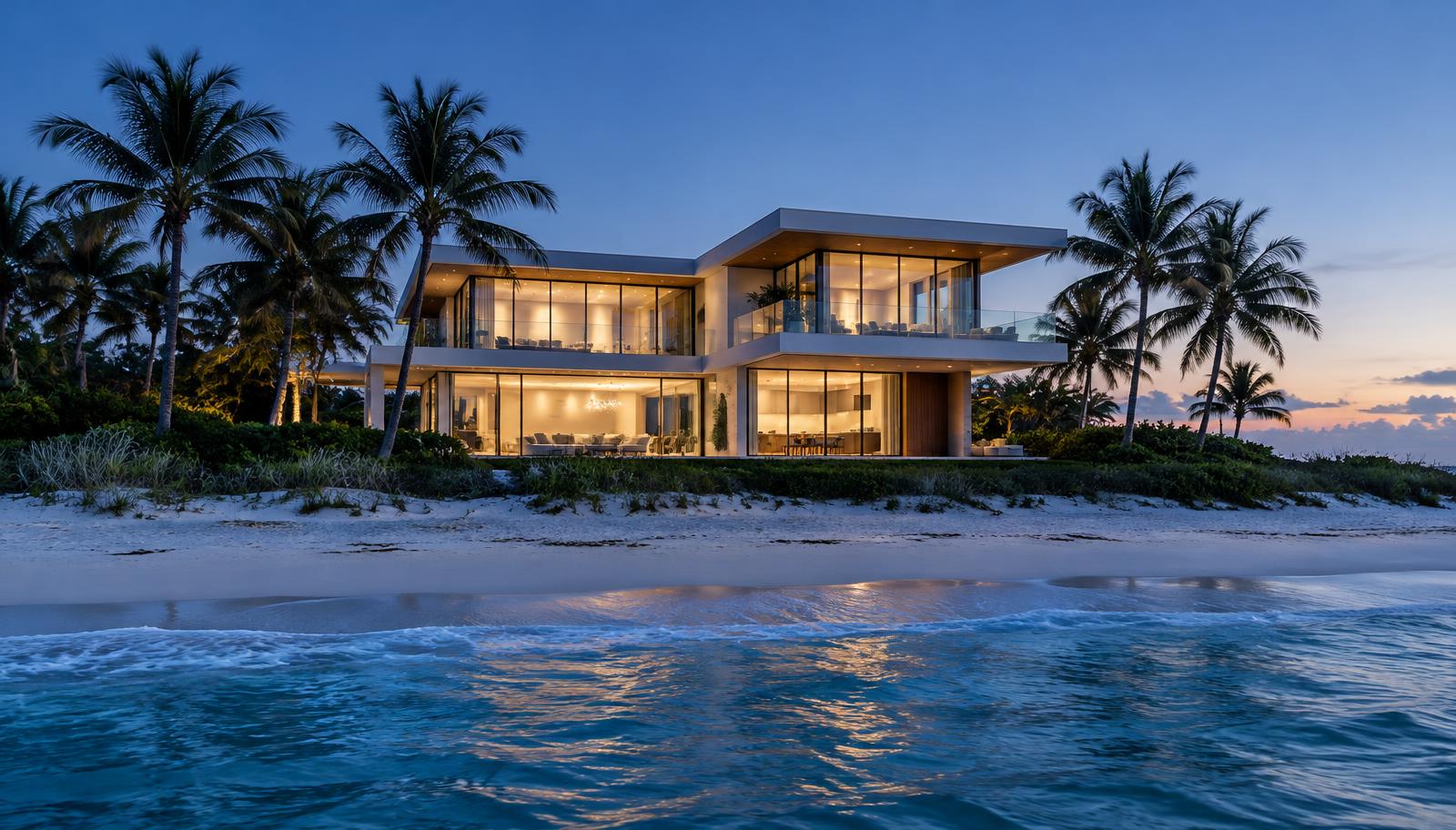 Oceanfront South Florida home at dusk seen from the beach